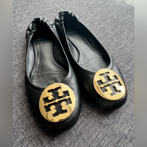 Tory Burch Black Leather Reva Logo Ballet Flats - Size 9 - Picture 5 of 14